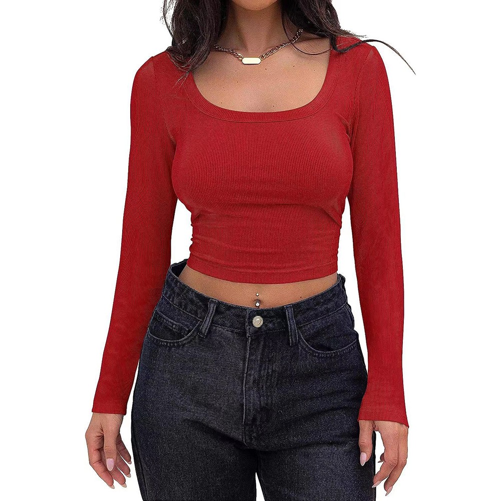 Classic Womens Ribbed Long Sleeve Crop Top with Square Neck for Everyday - Picture 40 of 63