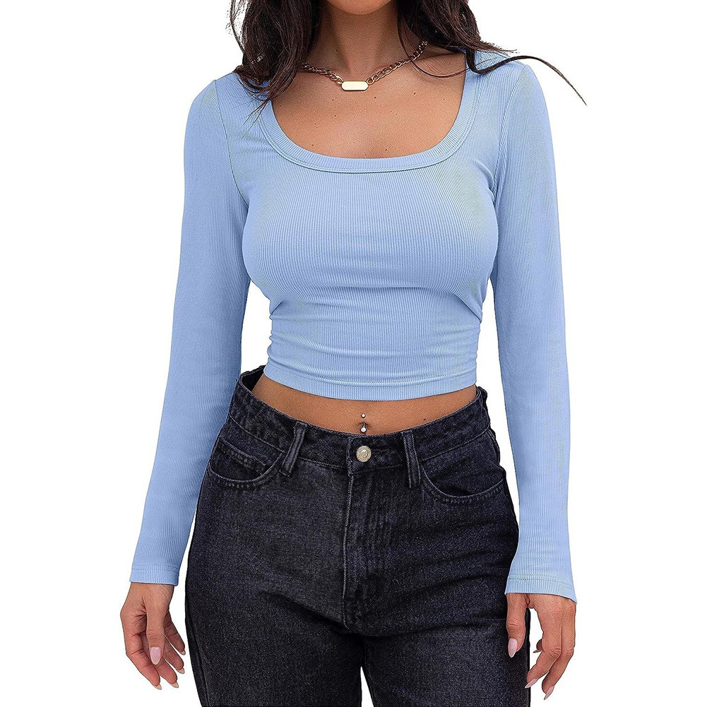 Alluring Womens Slim Fit Long Sleeve Square Neck Crop Top for Casual Wear - Picture 13 of 36