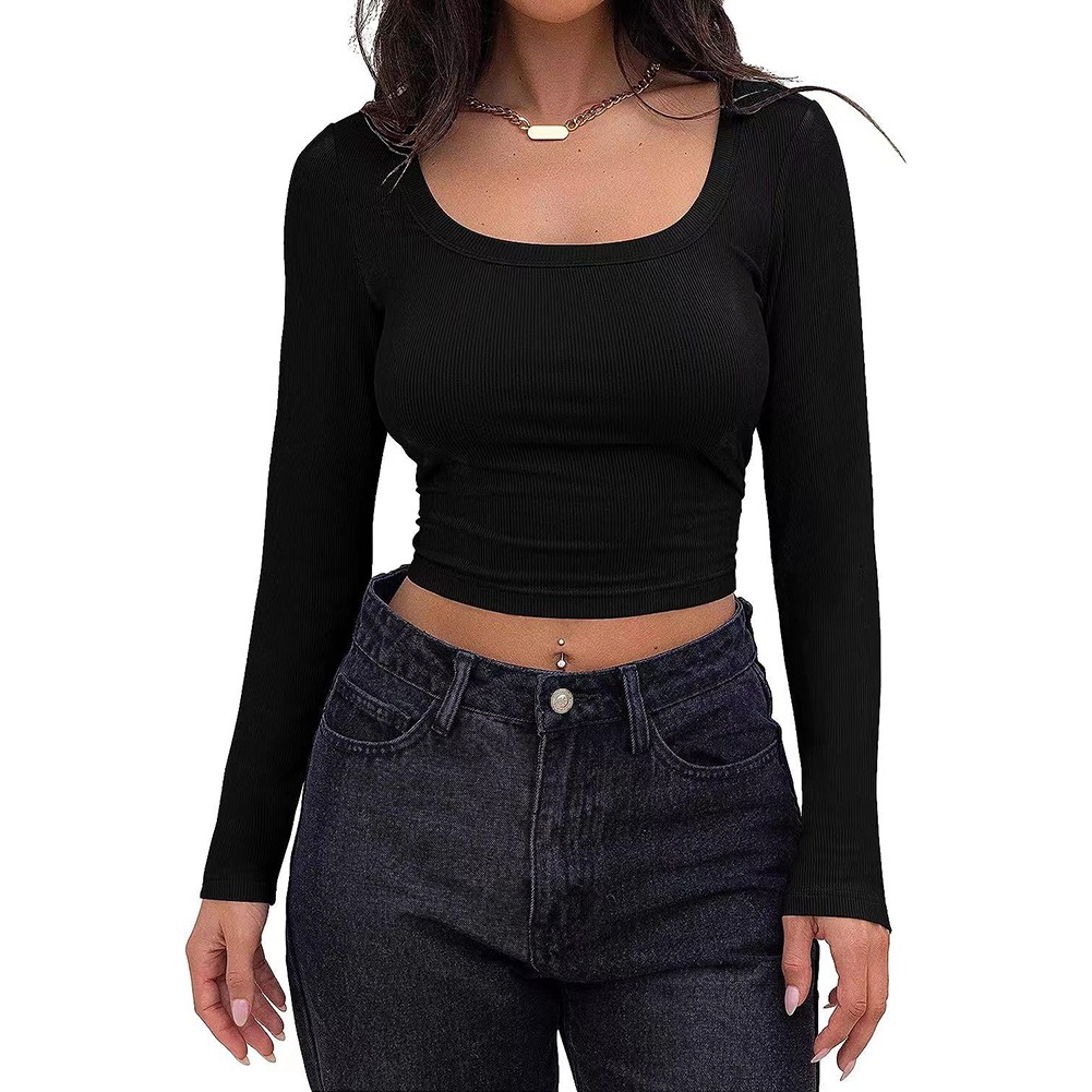 Classic Womens Ribbed Long Sleeve Crop Top with Square Neck for Everyday - Picture 16 of 63