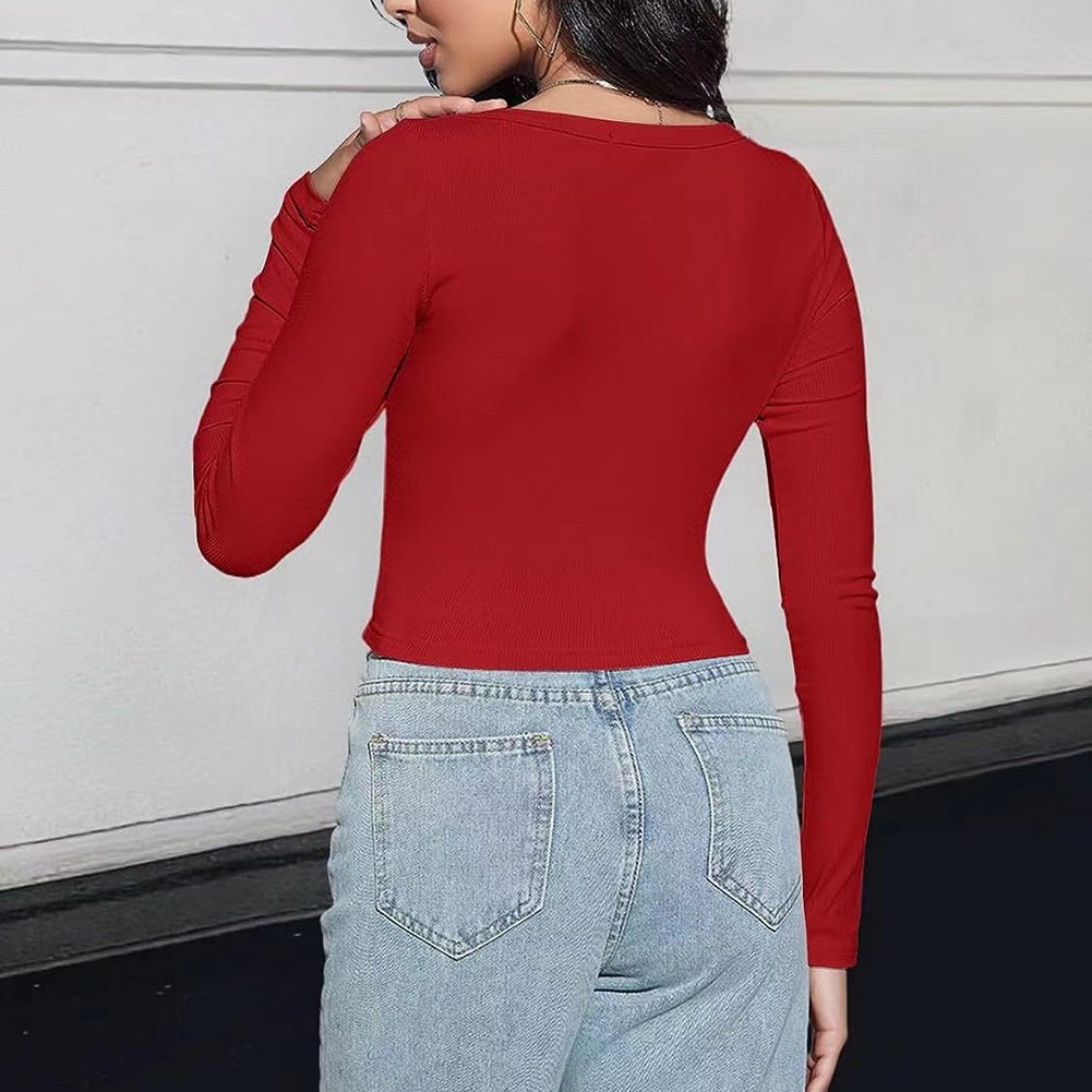 Classic Womens Ribbed Long Sleeve Crop Top with Square Neck for Everyday - Picture 44 of 63