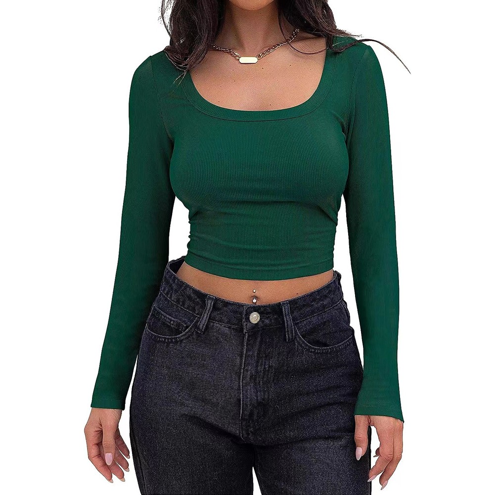 Classic Womens Ribbed Long Sleeve Crop Top with Square Neck for Everyday - Picture 34 of 63