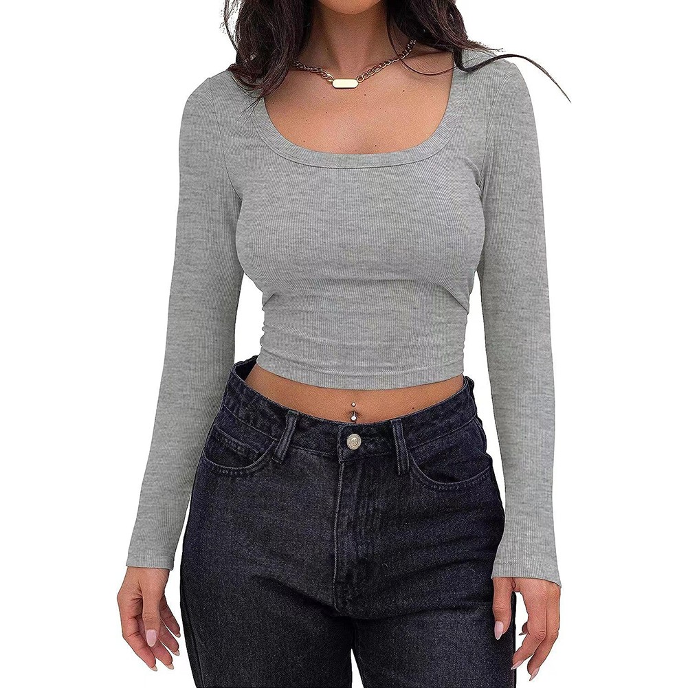 Classic Womens Ribbed Long Sleeve Crop Top with Square Neck for Everyday - Picture 28 of 63