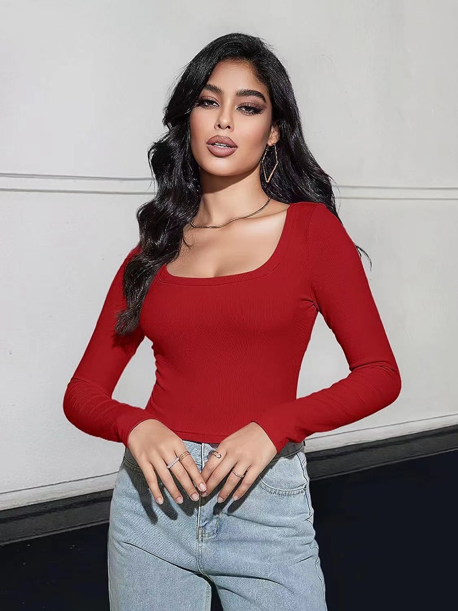 Classic Womens Ribbed Long Sleeve Crop Top with Square Neck for Everyday - Picture 43 of 63