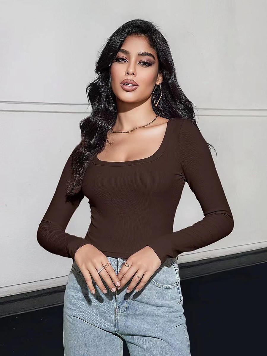 Classic Womens Ribbed Long Sleeve Crop Top with Square Neck for Everyday - Picture 54 of 63