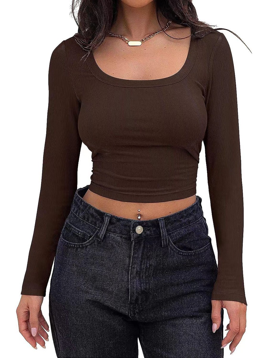 Classic Womens Ribbed Long Sleeve Crop Top with Square Neck for Everyday - Picture 53 of 63