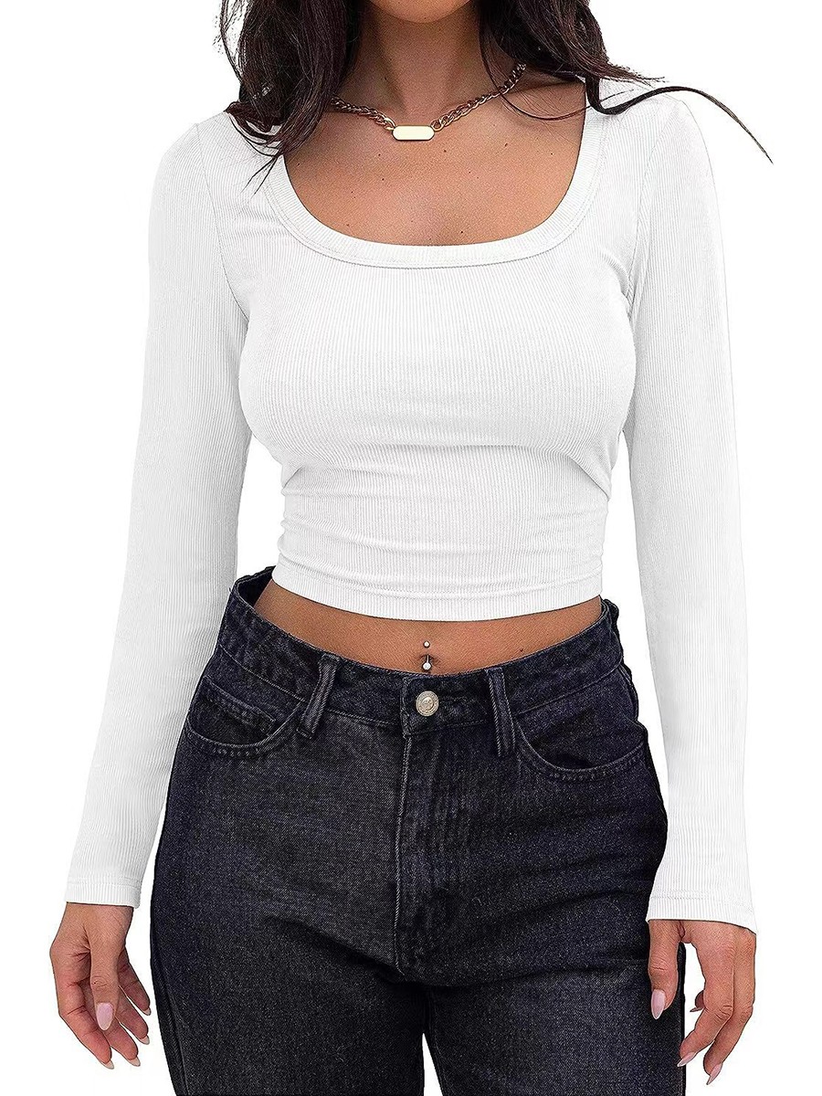 Classic Womens Ribbed Long Sleeve Crop Top with Square Neck for Everyday - Picture 23 of 63