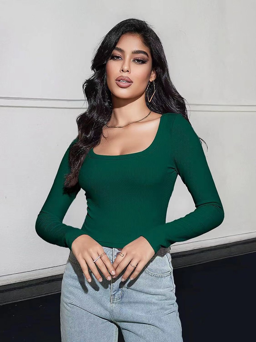 Classic Womens Ribbed Long Sleeve Crop Top with Square Neck for Everyday - Picture 37 of 63