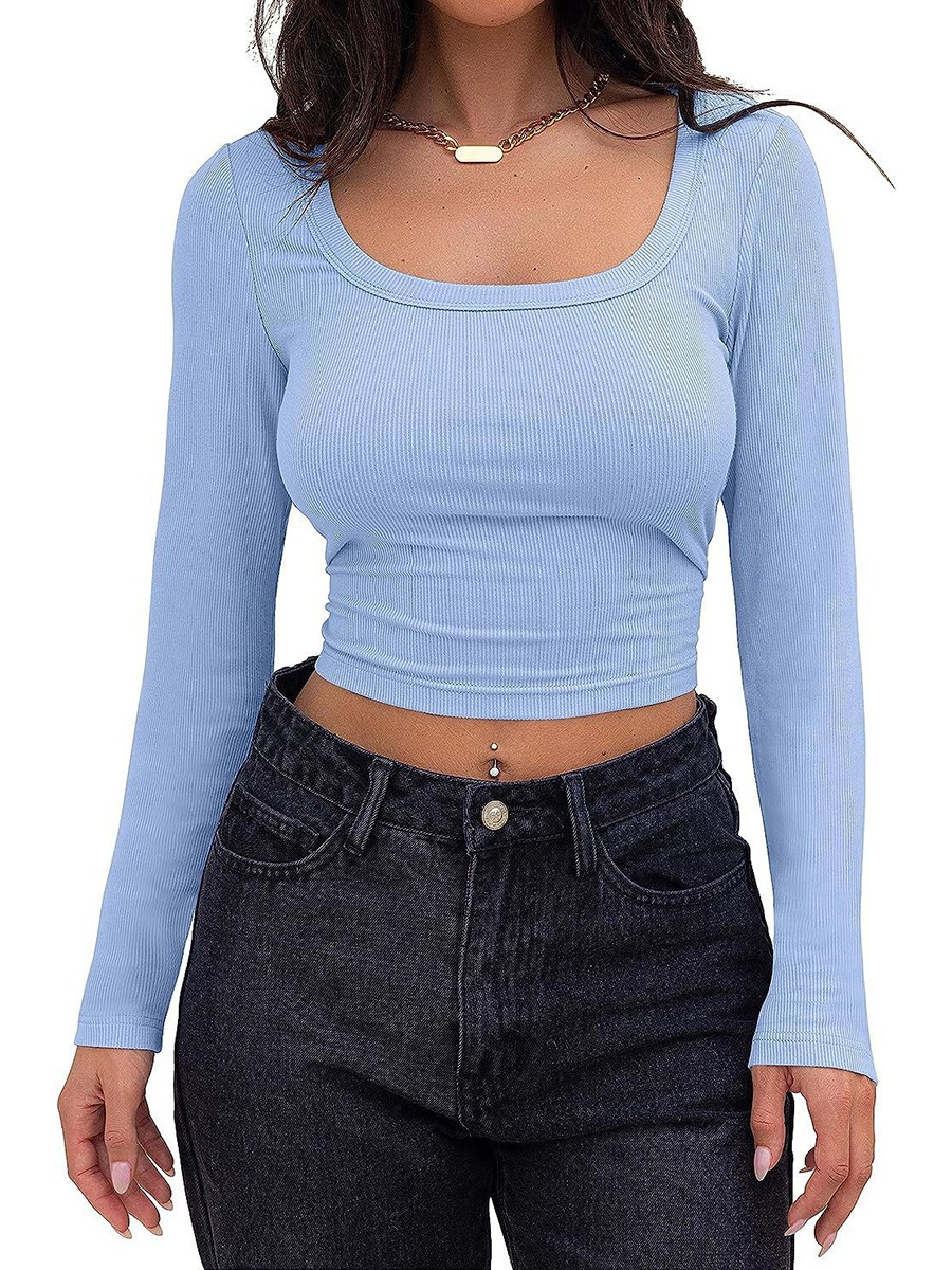Alluring Womens Slim Fit Long Sleeve Square Neck Crop Top for Casual Wear - Picture 14 of 36