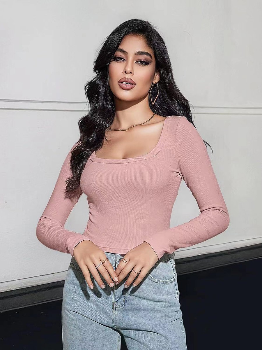 Classic Womens Ribbed Long Sleeve Crop Top with Square Neck for Everyday - Picture 48 of 63