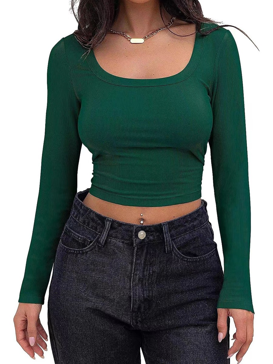 Classic Womens Ribbed Long Sleeve Crop Top with Square Neck for Everyday - Picture 35 of 63