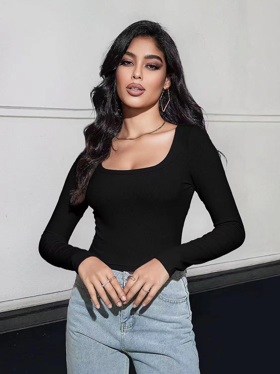 Classic Womens Ribbed Long Sleeve Crop Top with Square Neck for Everyday - Picture 18 of 63