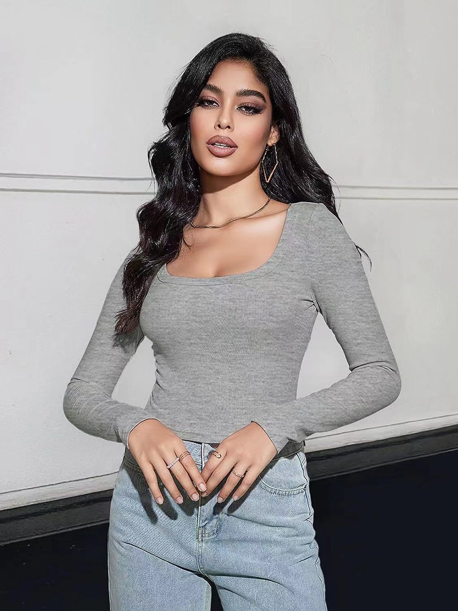 Classic Womens Ribbed Long Sleeve Crop Top with Square Neck for Everyday - Picture 31 of 63