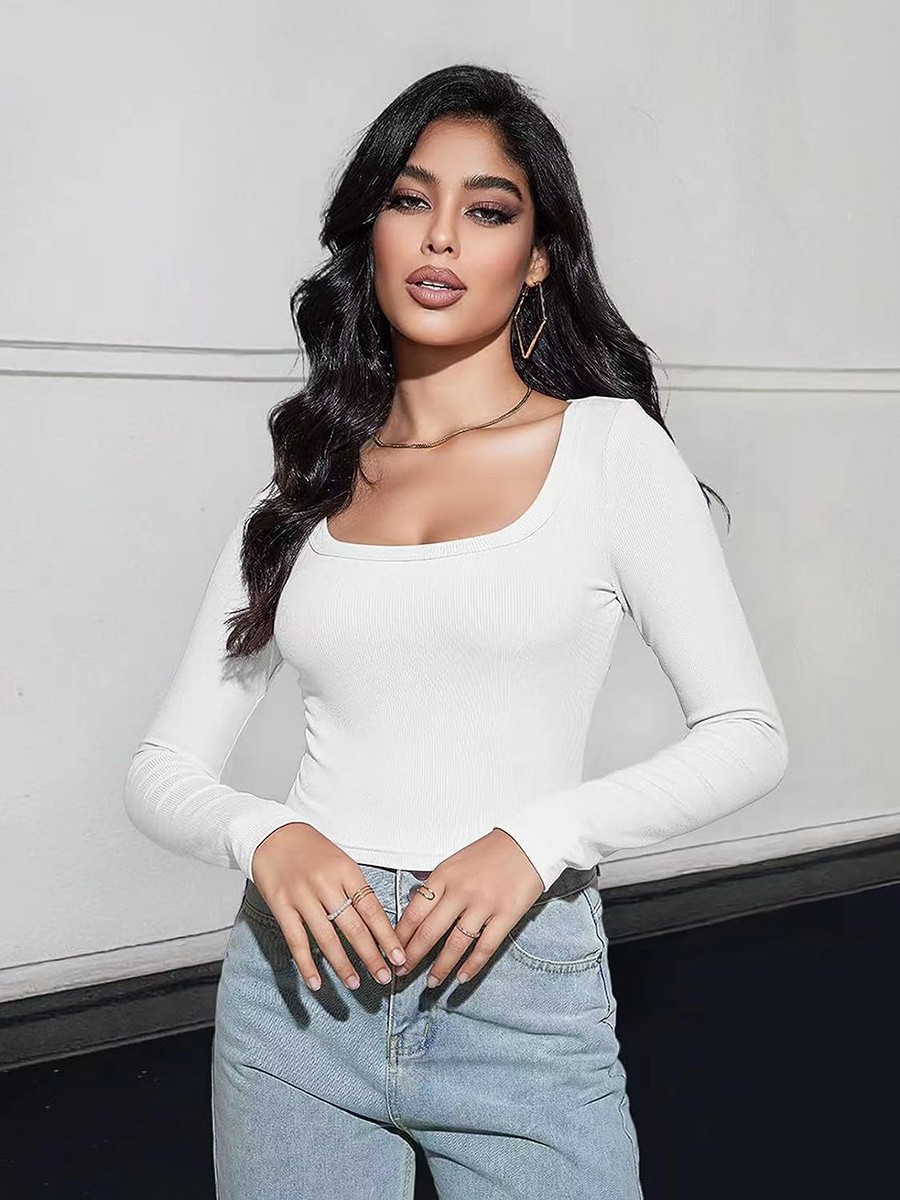 Classic Womens Ribbed Long Sleeve Crop Top with Square Neck for Everyday - Picture 25 of 63
