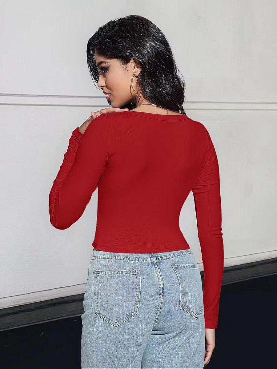 Classic Womens Ribbed Long Sleeve Crop Top with Square Neck for Everyday - Picture 42 of 63