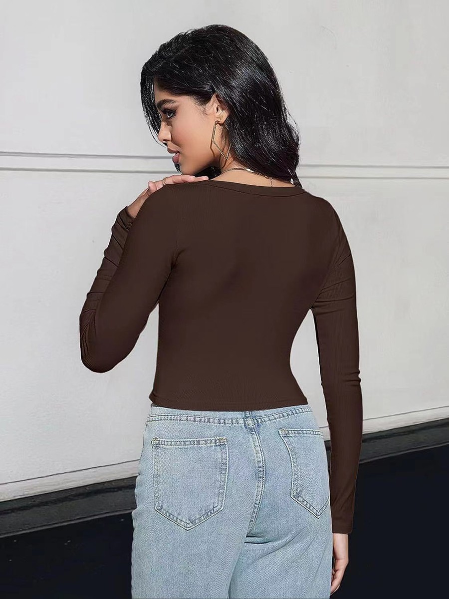 Classic Womens Ribbed Long Sleeve Crop Top with Square Neck for Everyday - Picture 55 of 63