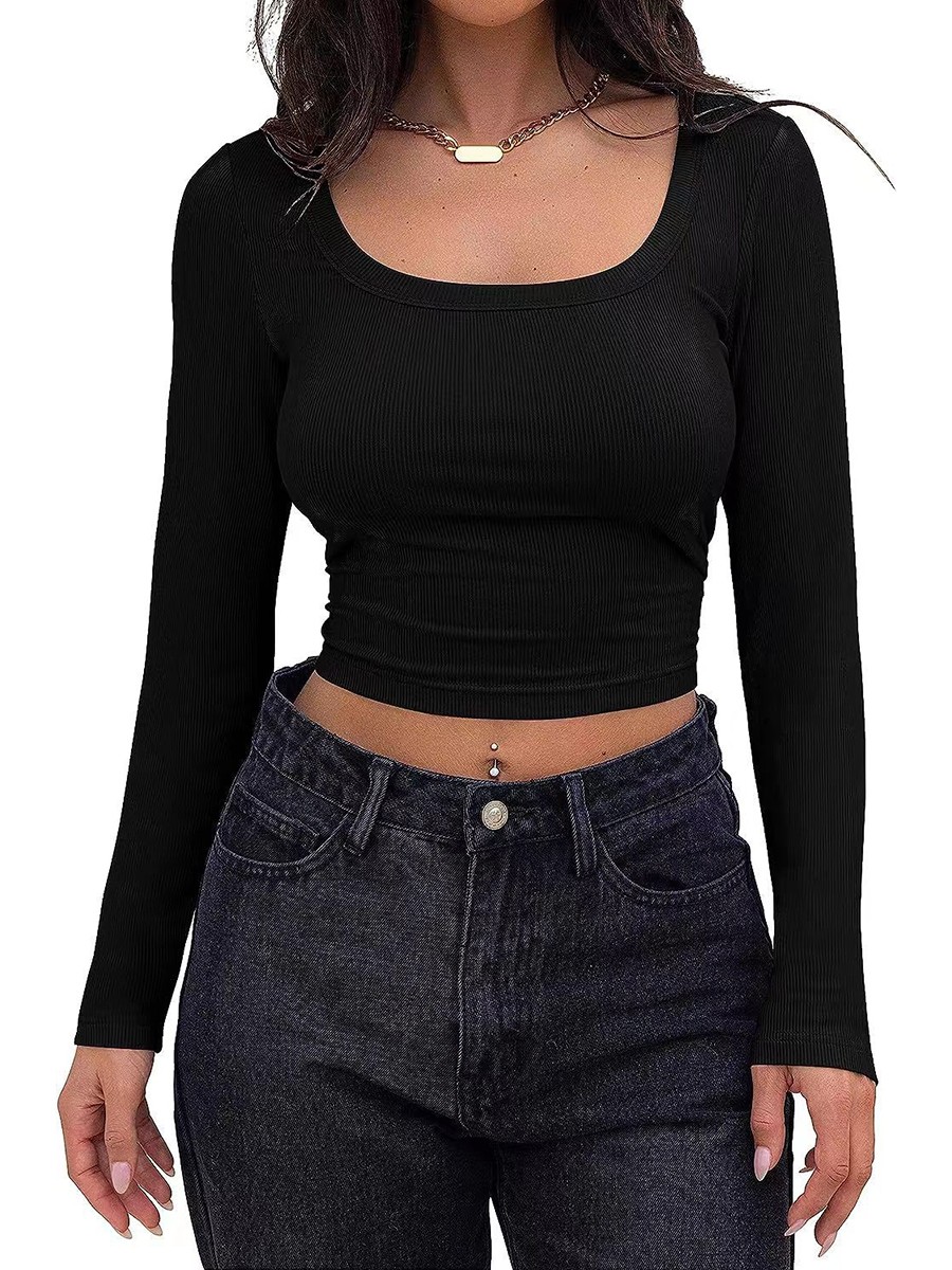 Classic Womens Ribbed Long Sleeve Crop Top with Square Neck for Everyday - Picture 17 of 63