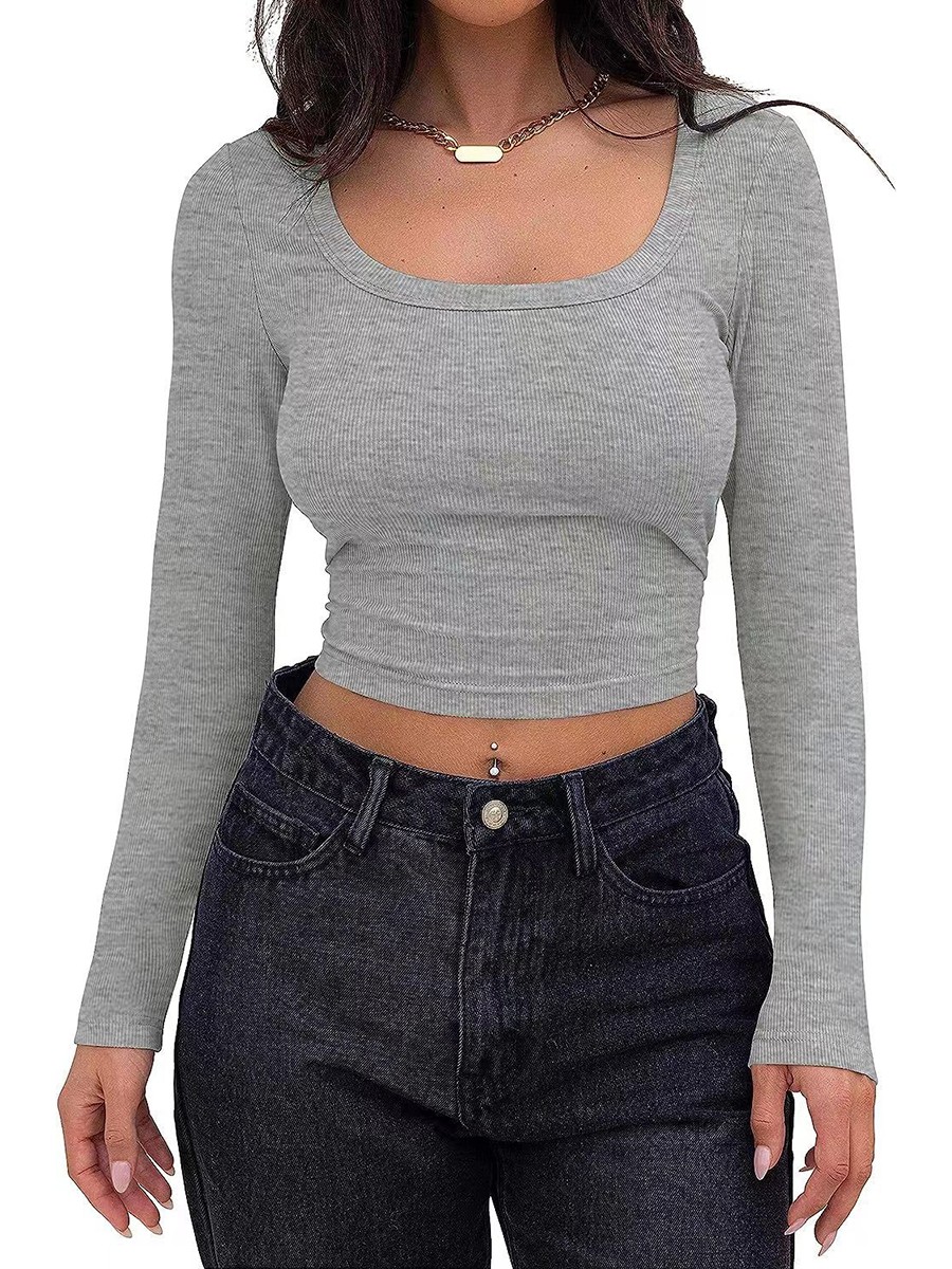 Classic Womens Ribbed Long Sleeve Crop Top with Square Neck for Everyday - Picture 29 of 63
