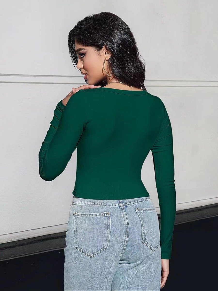 Classic Womens Ribbed Long Sleeve Crop Top with Square Neck for Everyday - Picture 36 of 63