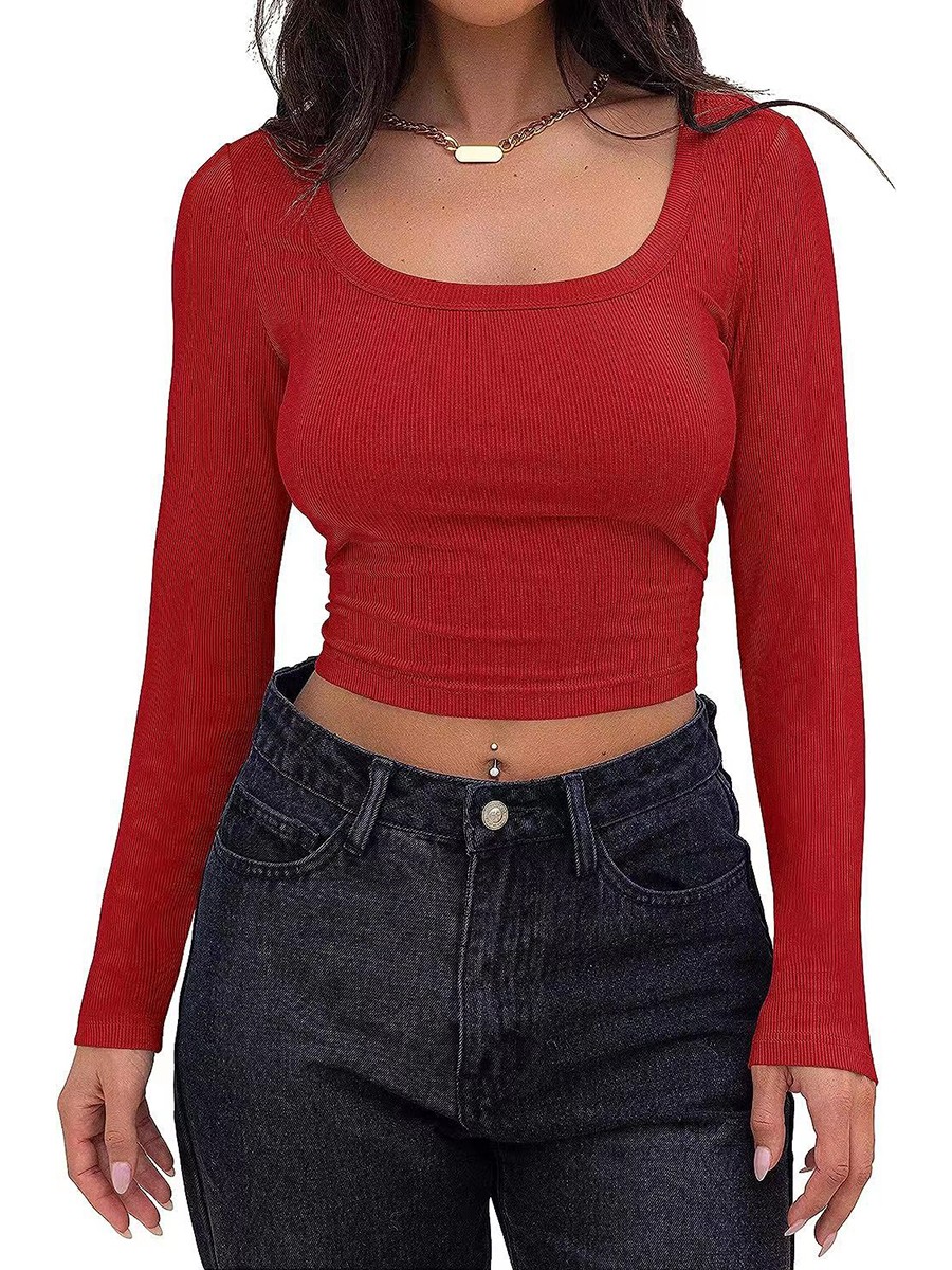 Classic Womens Ribbed Long Sleeve Crop Top with Square Neck for Everyday - Picture 41 of 63