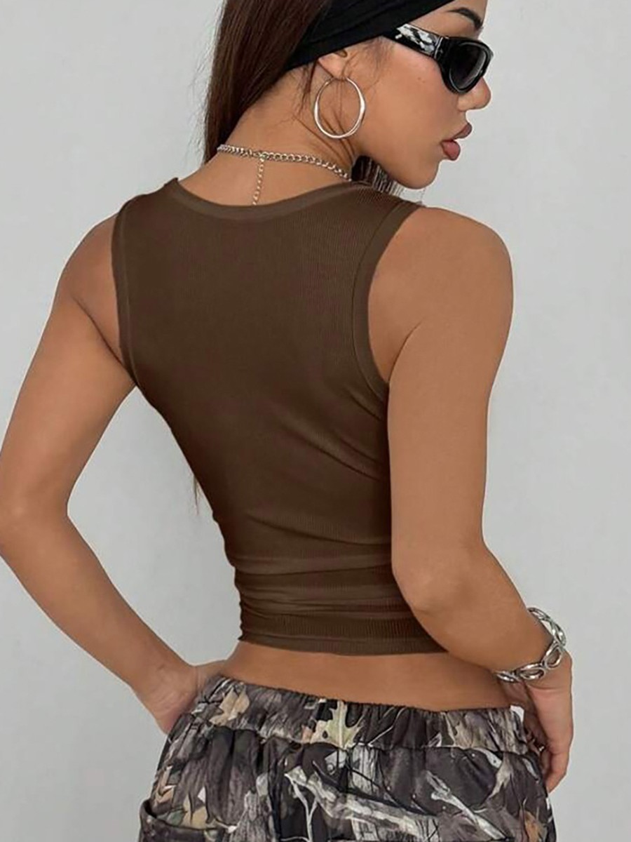 Trendy Women's Summer Crop Top with Studded Neckline and Ribbed Texture - Picture 16 of 30