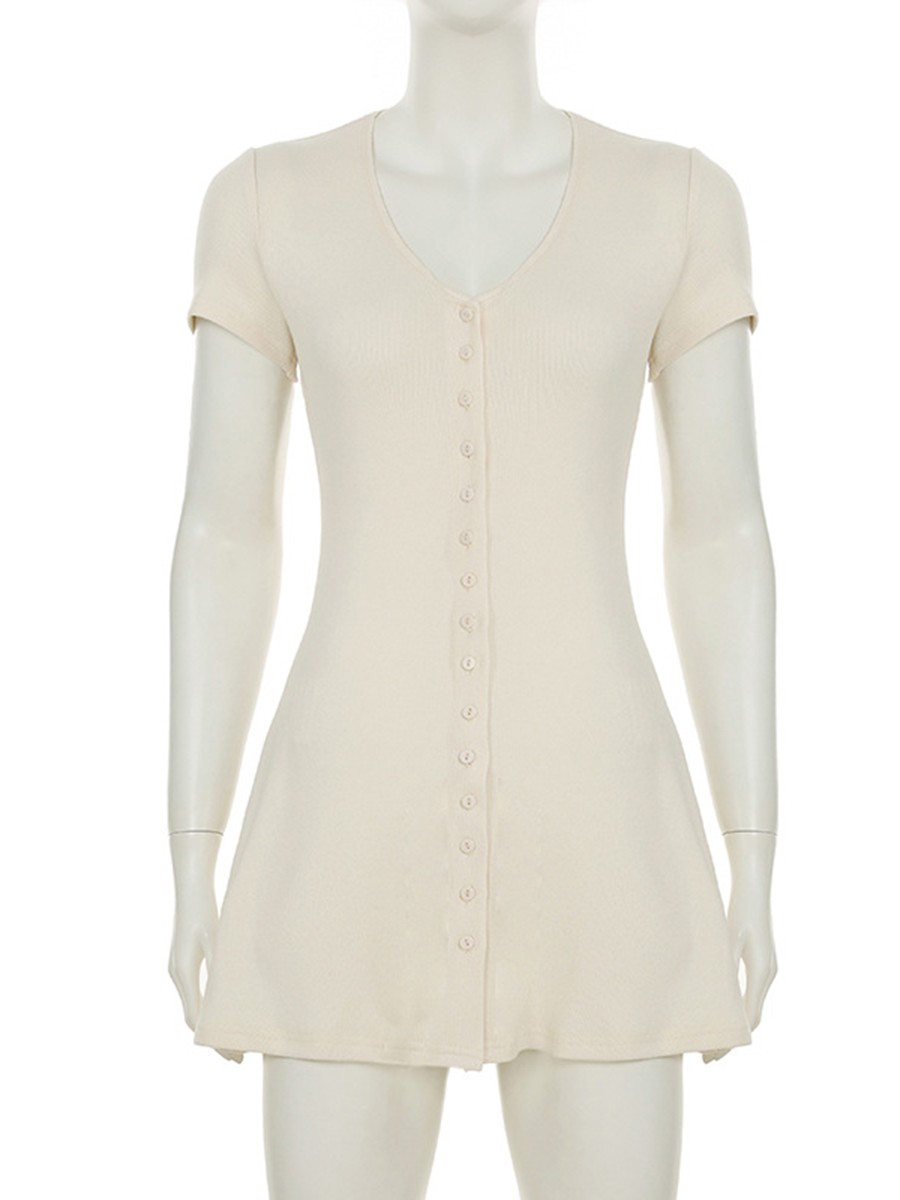 Modisches V-Ausschnitt Knopfleiste Kleid Damen Slim Fit A-Linie für Freizeitkle - Picture 17 of 48