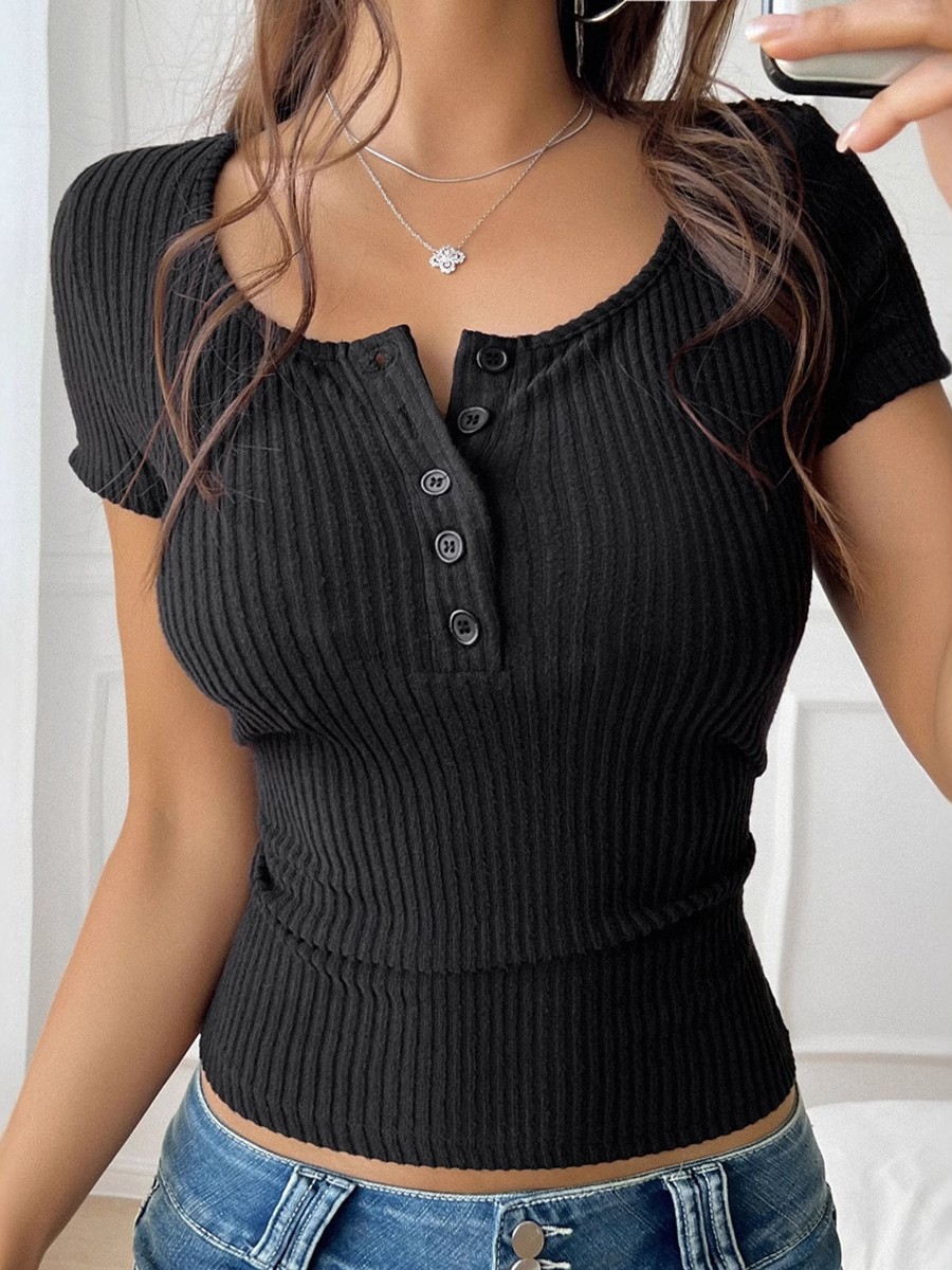 Unique Women's Ribbed Button Placket Top suitable for Summer Adventures - Picture 37 of 51