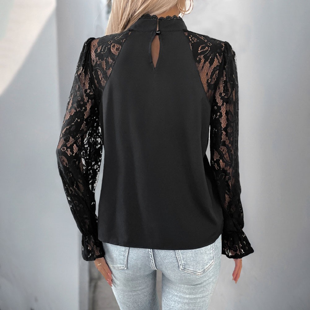 Loose fit black lace patchwork shirt womens casual round neck long sleeve top - Picture 28 of 67