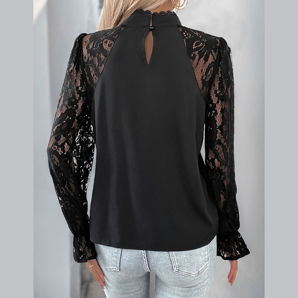 Loose fit black lace patchwork shirt womens casual round neck long sleeve top - Picture 30 of 67