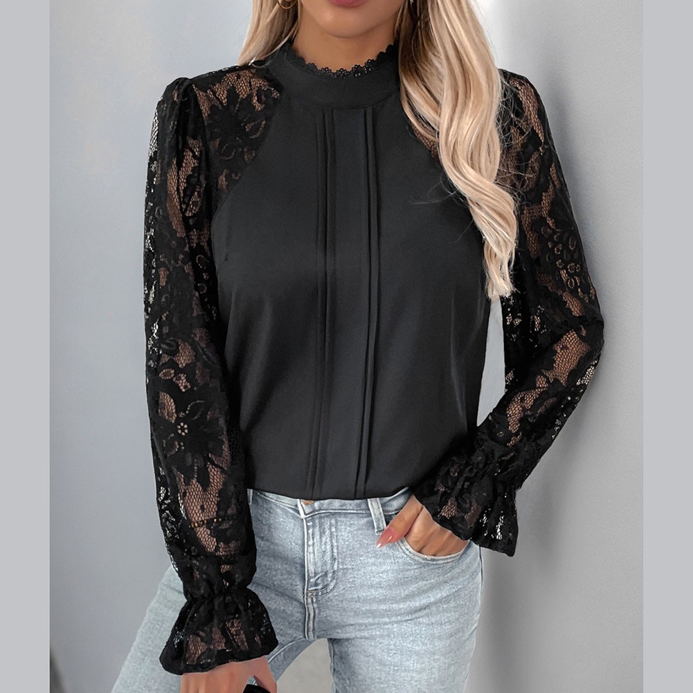 Loose fit black lace patchwork shirt womens casual round neck long sleeve top - Picture 31 of 67