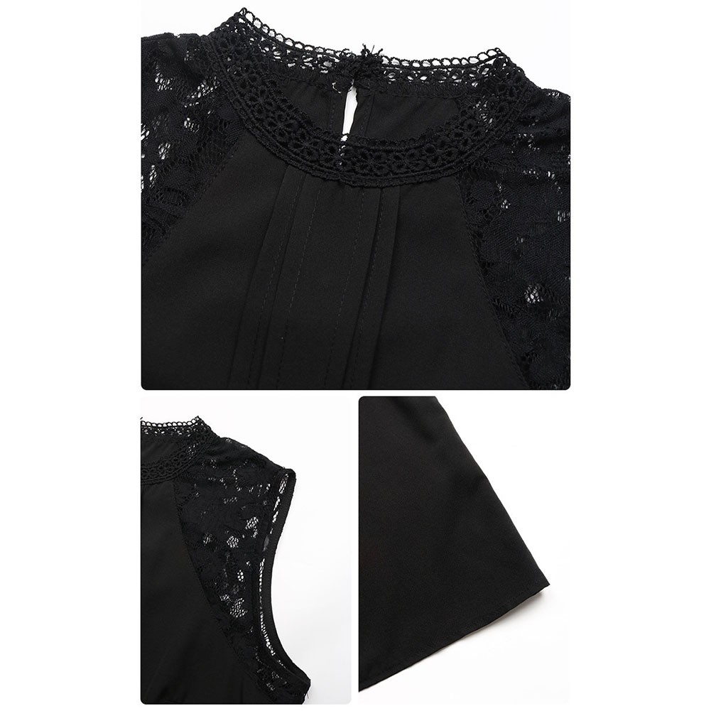 Loose fit black lace patchwork shirt womens casual round neck long sleeve top - Picture 33 of 67