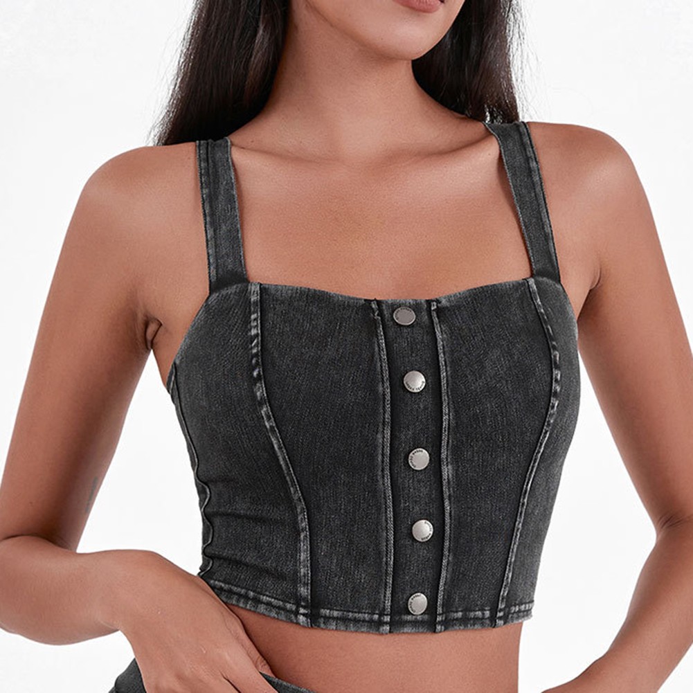 Women's Padded Sports Bra Top with Button Details for Workout and Casual Wear - Picture 23 of 28