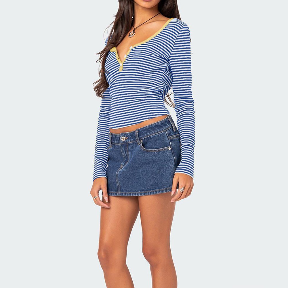 Stylish Women's Slim Fit Striped Knit Top with Button Accents for Summer - Picture 42 of 42