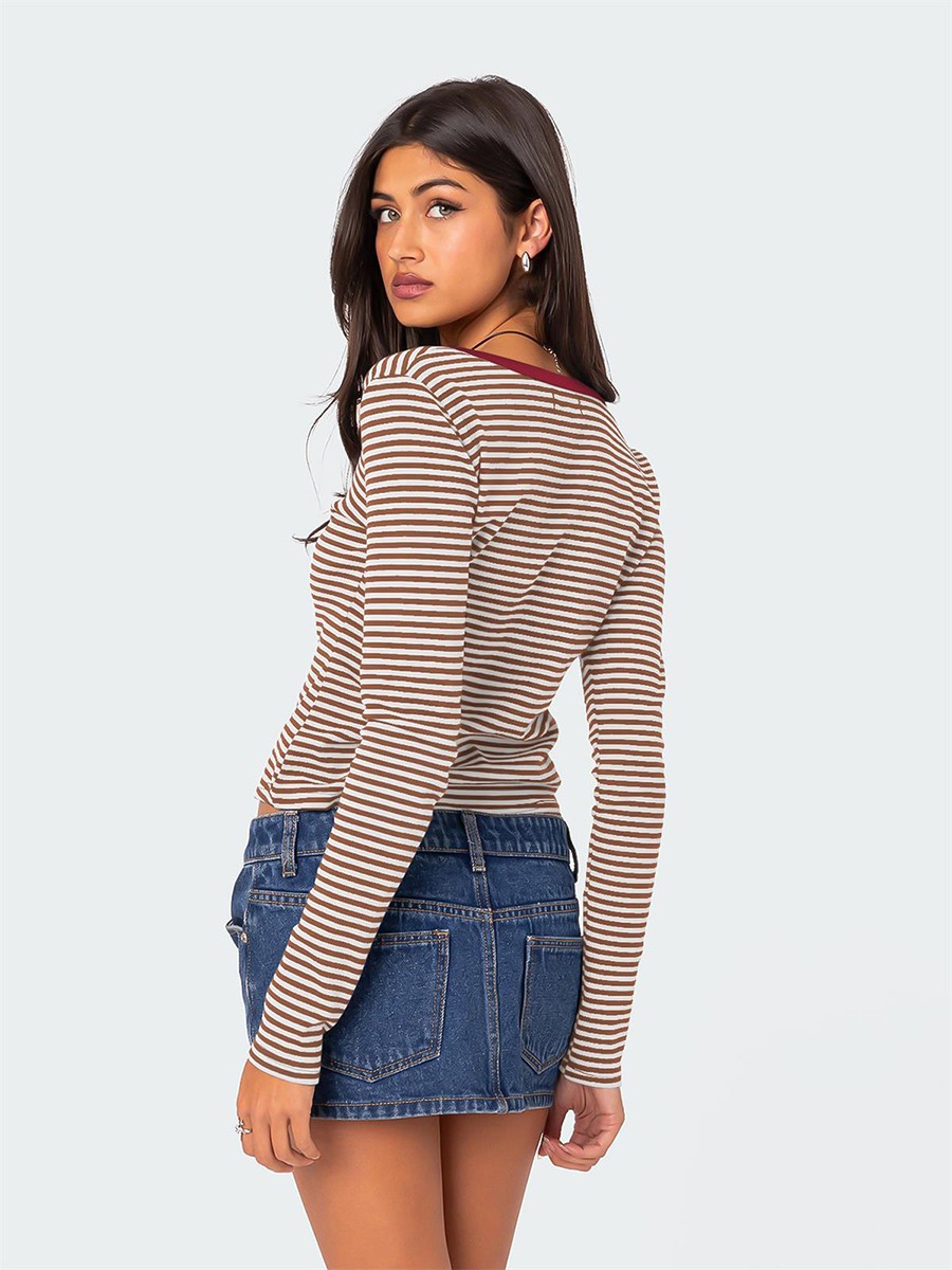 Stylish Women's Slim Fit Striped Knit Top with Button Accents for Summer - Picture 26 of 42