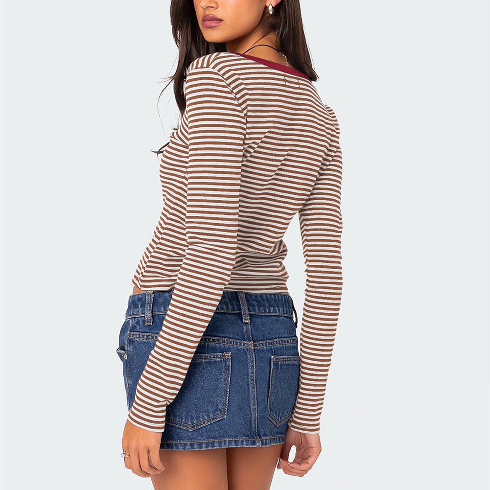 Stylish Women's Slim Fit Striped Knit Top with Button Accents for Summer - Picture 30 of 42
