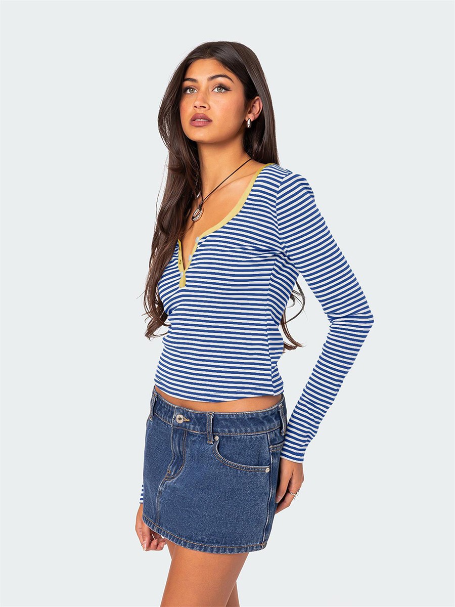 Stylish Women's Slim Fit Striped Knit Top with Button Accents for Summer - Picture 35 of 42