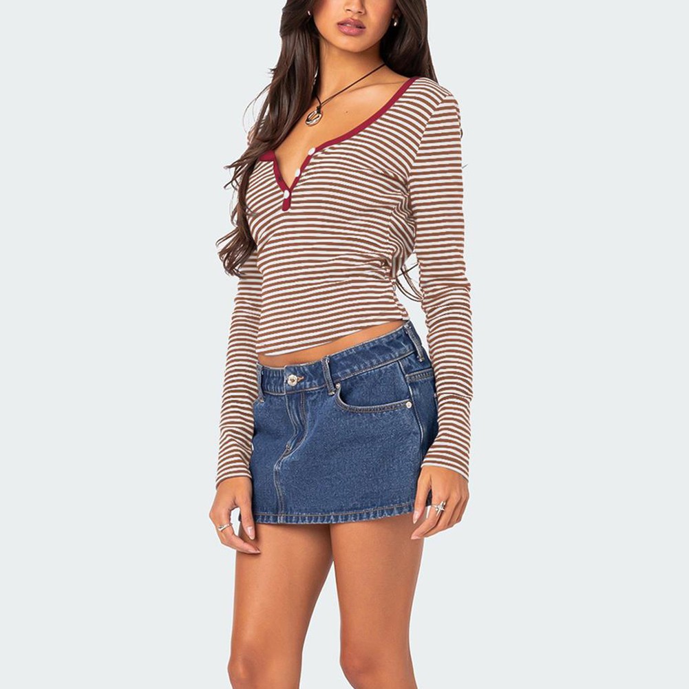 Stylish Women's Slim Fit Striped Knit Top with Button Accents for Summer - Picture 32 of 42