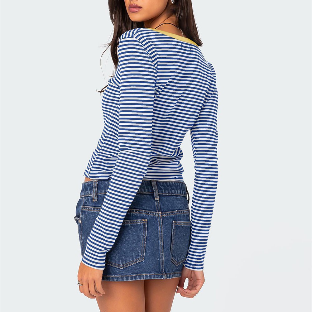 Stylish Women's Slim Fit Striped Knit Top with Button Accents for Summer - Picture 40 of 42