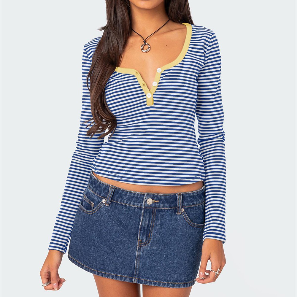 Stylish Women's Slim Fit Striped Knit Top with Button Accents for Summer - Picture 33 of 42