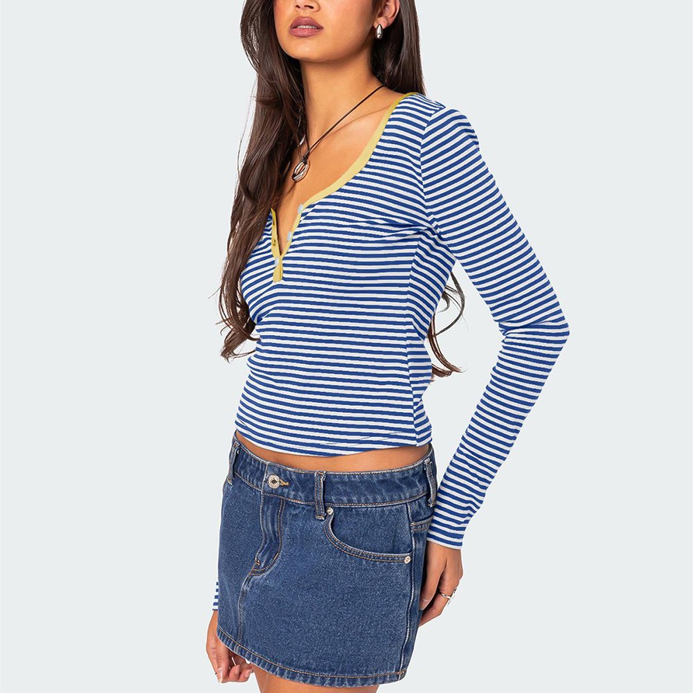 Stylish Women's Slim Fit Striped Knit Top with Button Accents for Summer - Picture 39 of 42