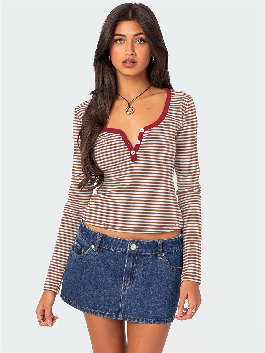 Stylish Women's Slim Fit Striped Knit Top with Button Accents for Summer - Picture 24 of 42