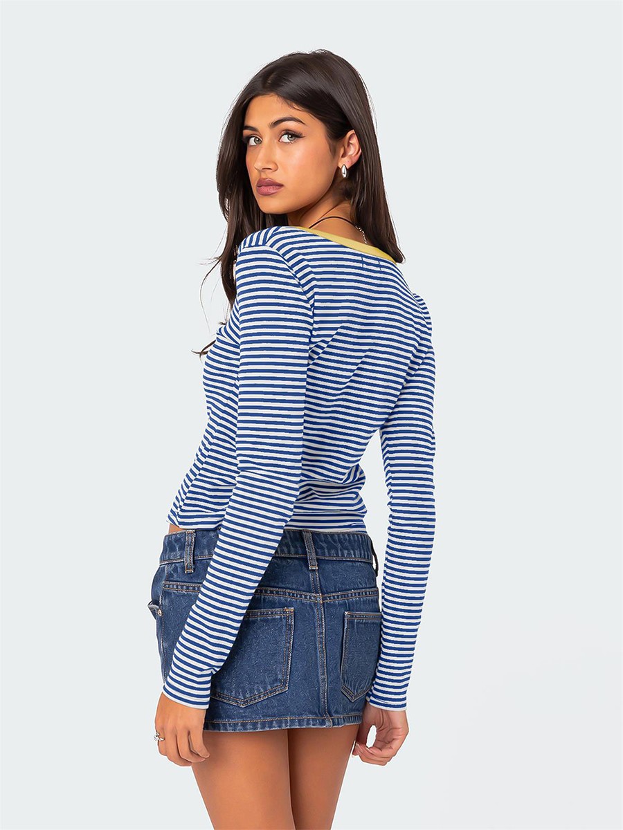 Stylish Women's Slim Fit Striped Knit Top with Button Accents for Summer - Picture 36 of 42