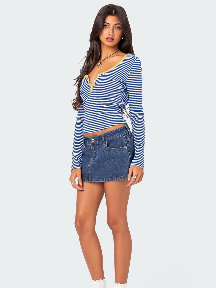 Stylish Women's Slim Fit Striped Knit Top with Button Accents for Summer - Picture 38 of 42