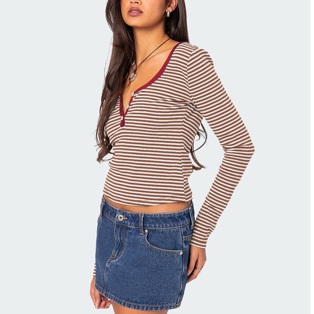 Stylish Women's Slim Fit Striped Knit Top with Button Accents for Summer - Picture 29 of 42