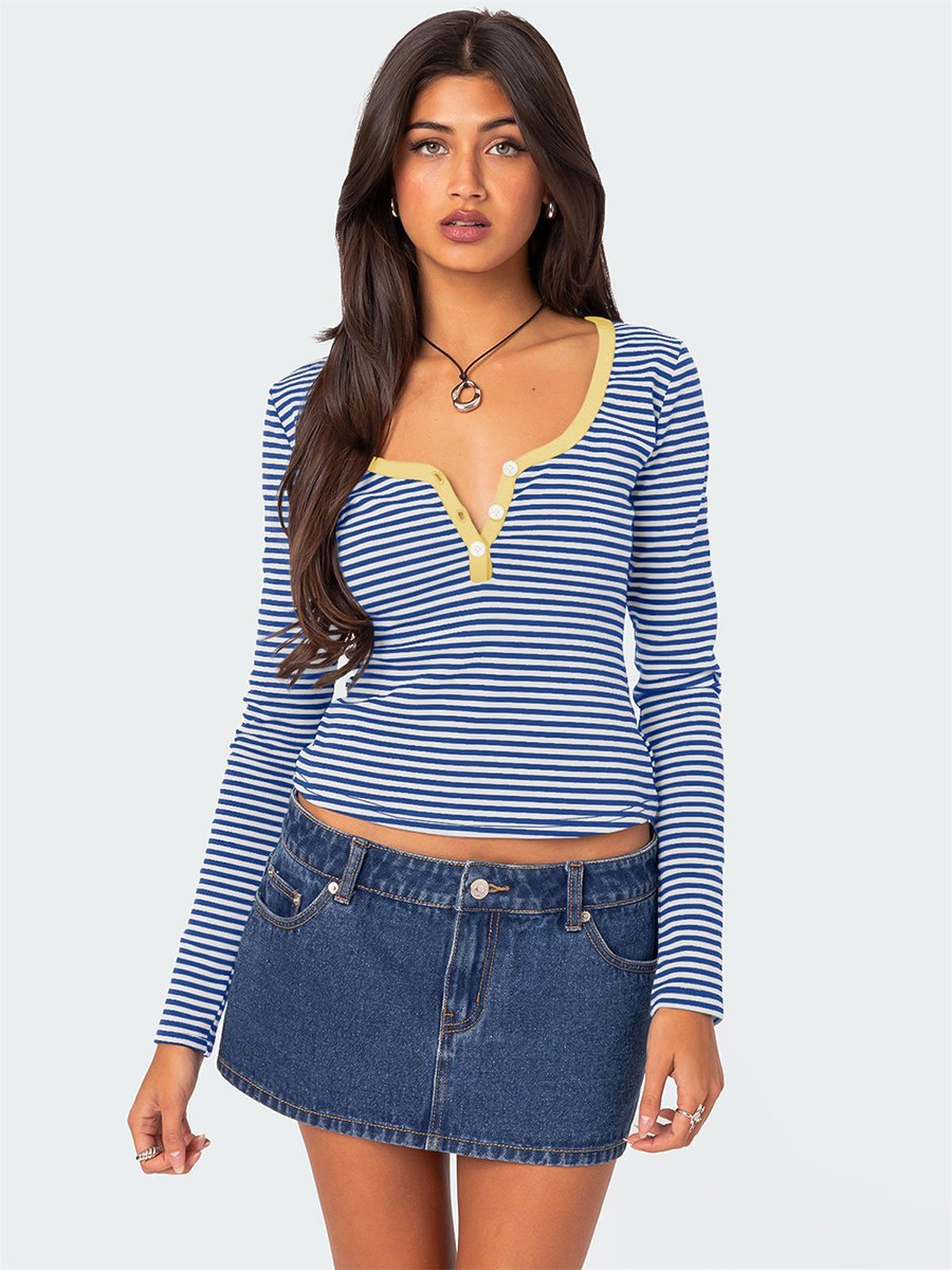 Stylish Women's Slim Fit Striped Knit Top with Button Accents for Summer - Picture 34 of 42