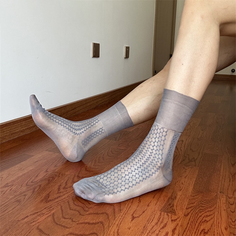 Men's Casual Silk Socks for Business Elegant Jacquard Crew Hosiery Thin Style - Picture 54 of 56