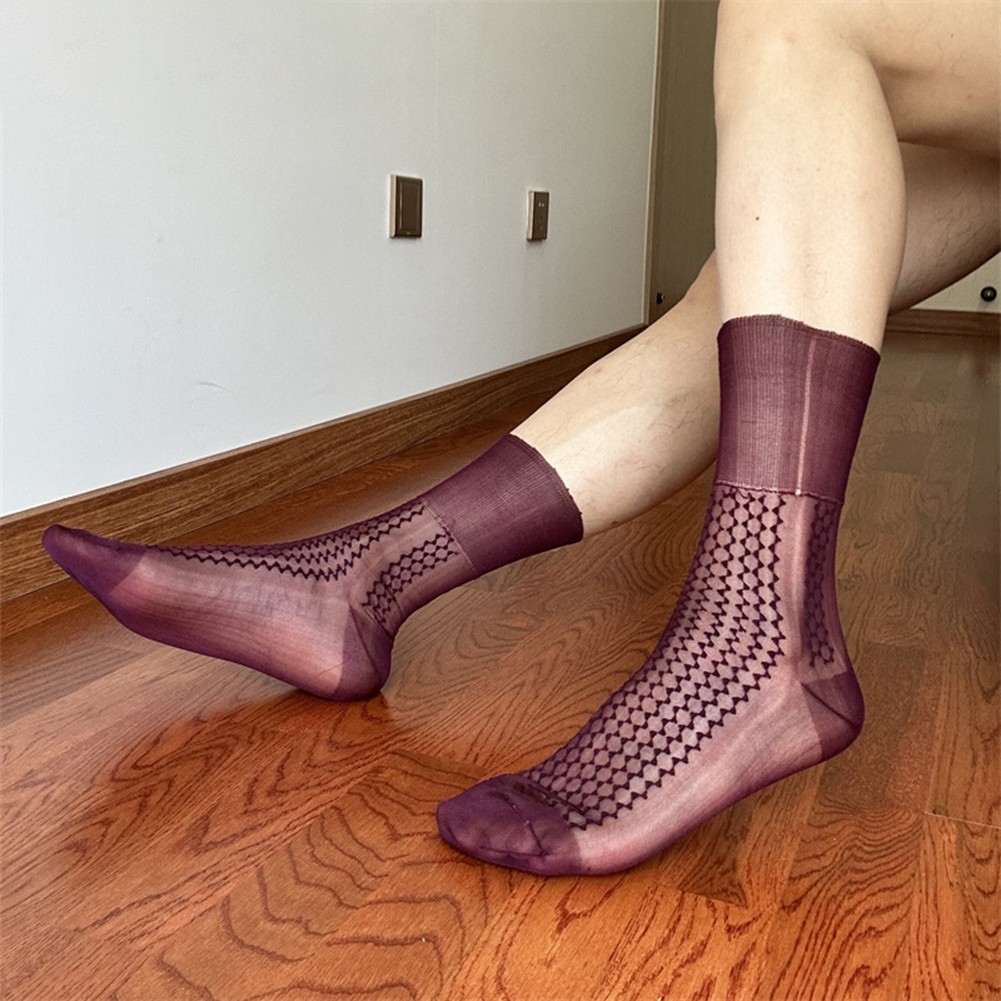 Men's Casual Silk Socks for Business Elegant Jacquard Crew Hosiery Thin Style - Picture 34 of 56