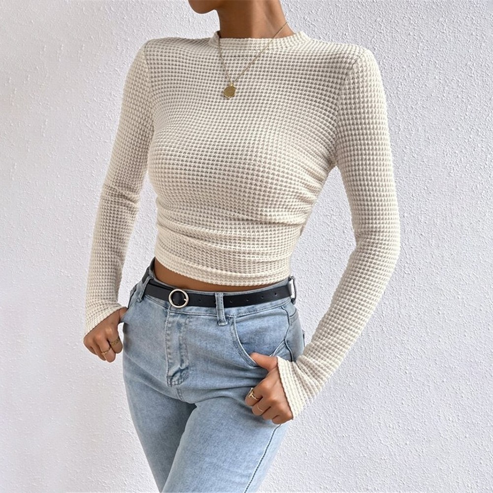 Long Sleeve Waffle Textured TShirt Women Slim Fit Top for Summer Vacation - Picture 35 of 57