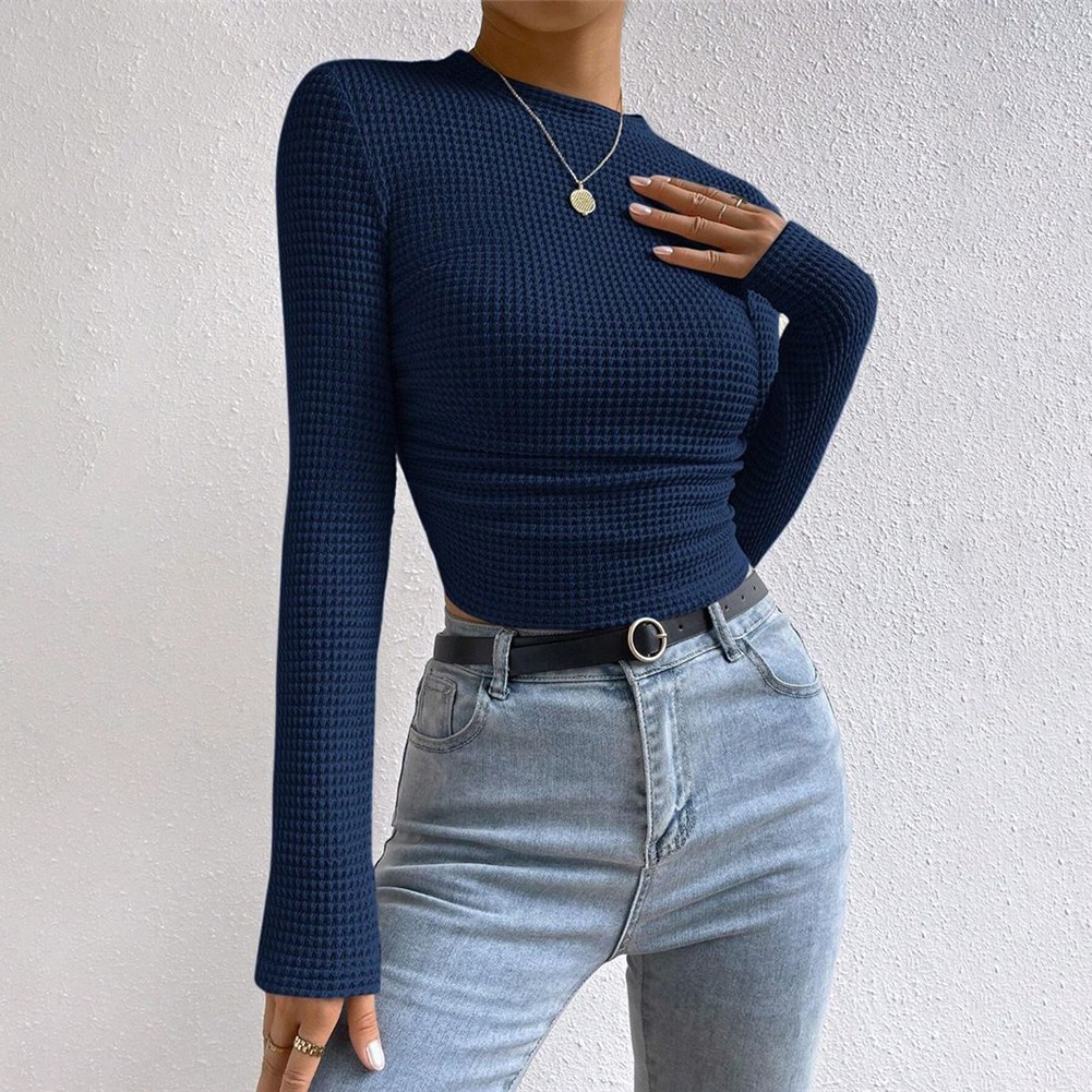 Long Sleeve Waffle Textured TShirt Women Slim Fit Top for Summer Vacation - Picture 54 of 57