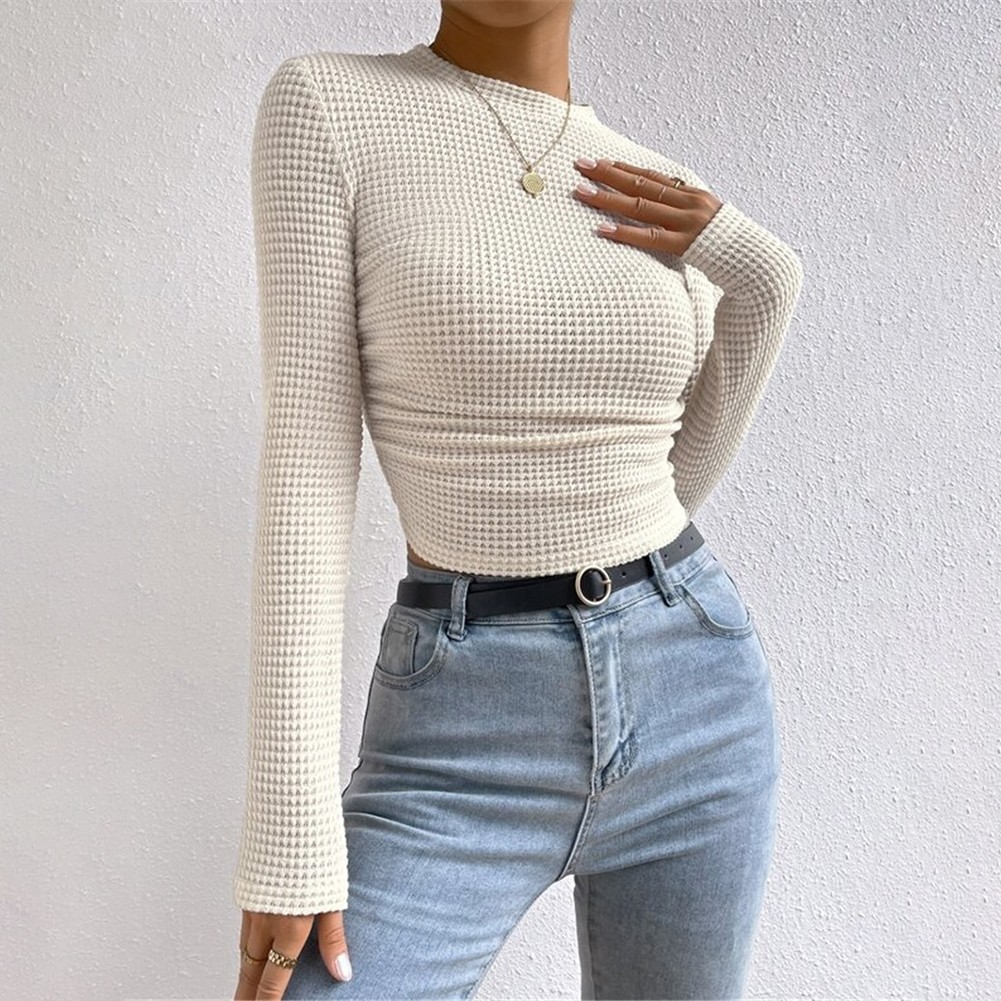 Long Sleeve Waffle Textured TShirt Women Slim Fit Top for Summer Vacation - Picture 32 of 57