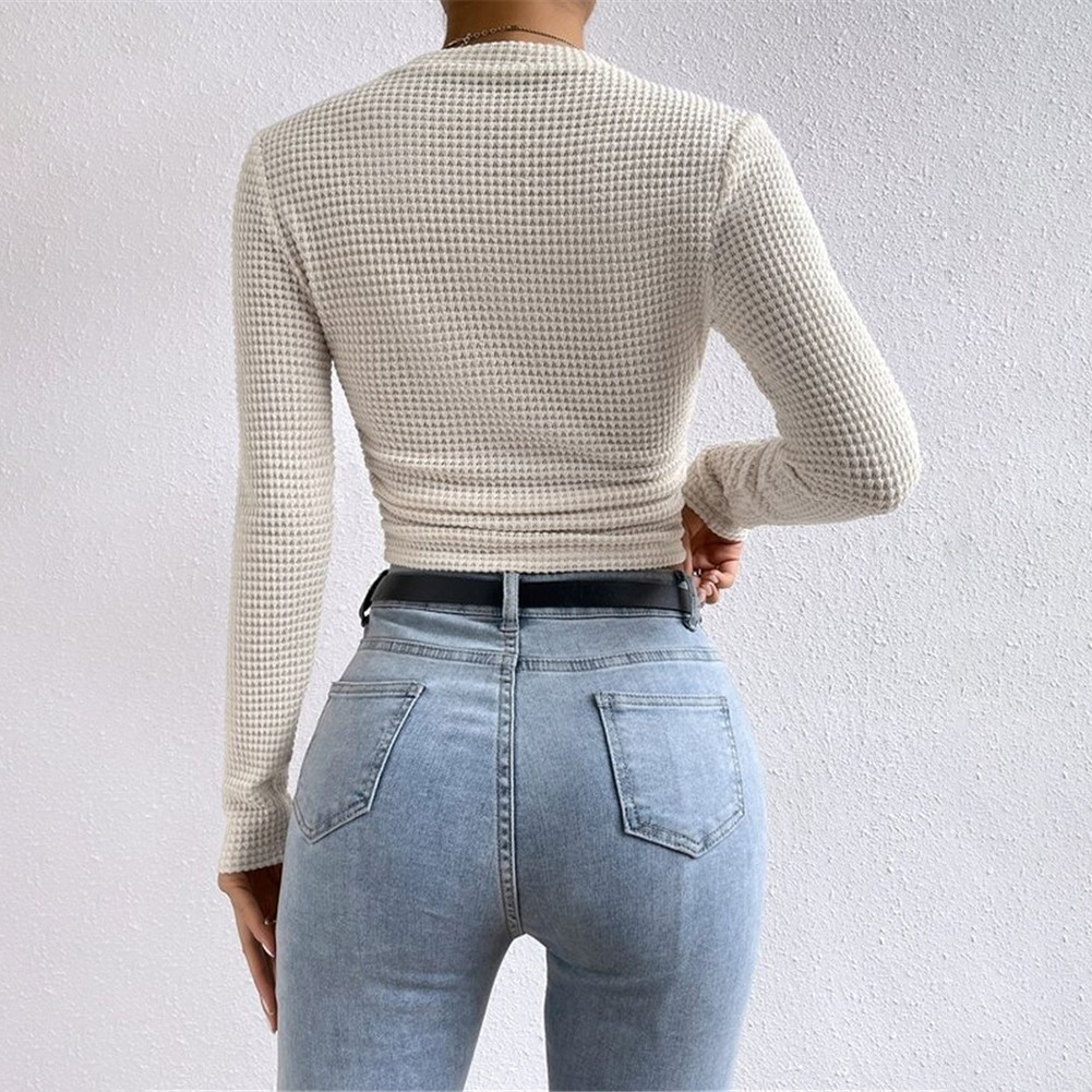 Long Sleeve Waffle Textured TShirt Women Slim Fit Top for Summer Vacation - Picture 31 of 57